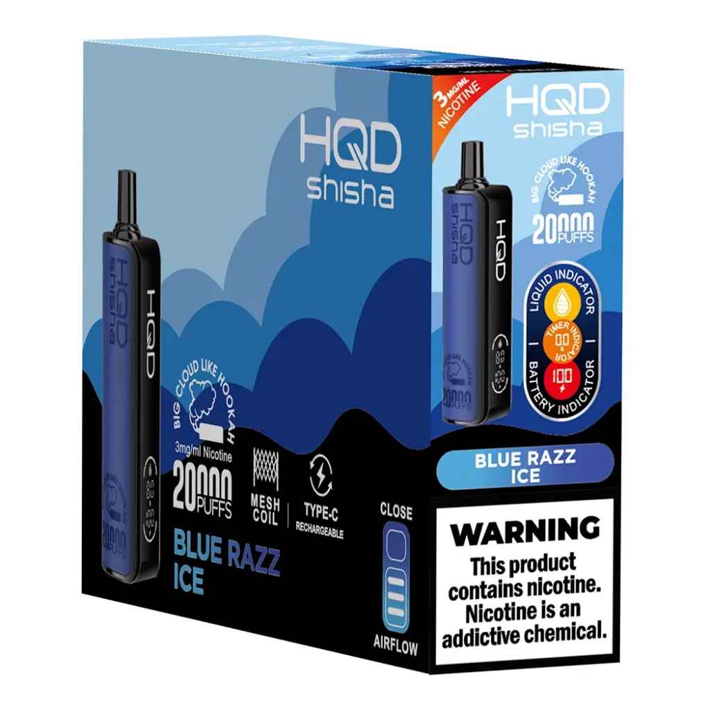 hqd shisha 20000 puffs brick blue razz ice disposable vape